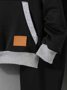 Vacaura 2 pezzi/Set Felpa con cappuccio e pantaloni jogger per ragazzi adolescenti, in nero e grigio a contrasto, con toppe in pelle, adatto per autunno/inverno - nero - Visualizzare 3