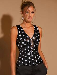 COSMINA 女士亮片波点背心，优雅上衣，黑白波点上衣，无袖波点上衣，日常穿着，派对上衣 - 黑與白 - 查看 1