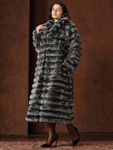 Anewsta 新款秋冬蓬松外套，中长款，女士加大码时尚仿兔毛外套，适合节日派对服装 - 黑與白 - 查看 3