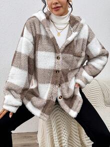 EMERY ROSE Women's Plaid Pattern Front Button Hooded Long Sleeve Fuzzy Jacket, Autumn/Winter - Khaki - View 4