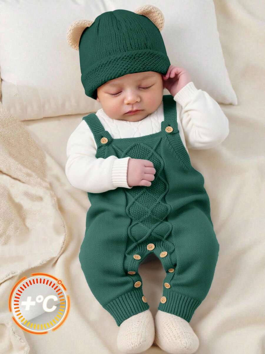SHEIN Vêtements d'automne/hiver pour bébé garçon/fille nouveau-né/tout-petit : Barboteuses en tricot vert, salopettes, pulls, confortables, polyvalents, à la mode, mignons, rétro, design de base classique et simple, convenant pour l'intérieur, l'extérieur, le ski, le port quotidien, les sports, les jeux, les fêtes, la photographie, les vacances - Vert sapin - Voir 1