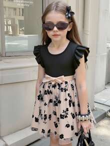 Elladie kids 優雅迷人的年輕女孩夏季連衣裙包括圓領蕾絲蓬蓬網裙帶蝴蝶結腰帶 - 黑色 - 查看 2