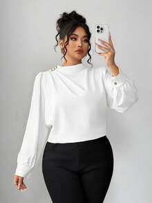 Elenzga Plus Size Elegant Pleated Collar Long Sleeve Shirt - White - View 3