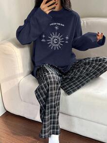 DAZY 2件套女士宽松舒适印花长袖T恤和格子裤睡衣套装，冬季服装 - 藏蓝色 - 查看 1