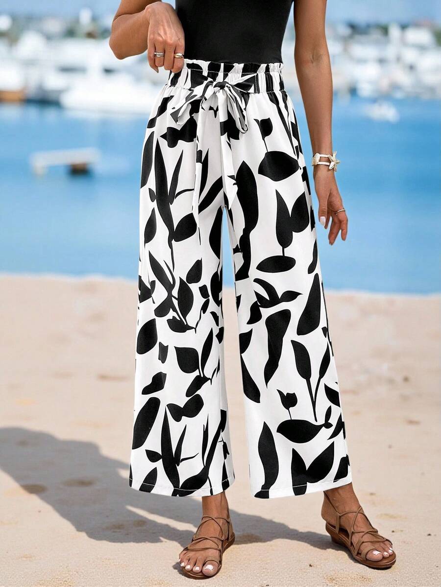 Sylviya Pantalones rectos de mujer con estampado geométrico y detalle de moño, de temporada - Blanco y Negro - Ver 1