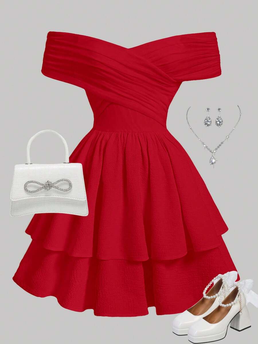 SHEIN Girlism Đầm suông trễ vai cổ chéo xếp nếp eo chữ A xếp nếp nhiều lớp màu trơn cho bé gái tuổi teen, thích hợp cho các buổi đi chơi và tiệc tùng - Đỏ - Xem 1