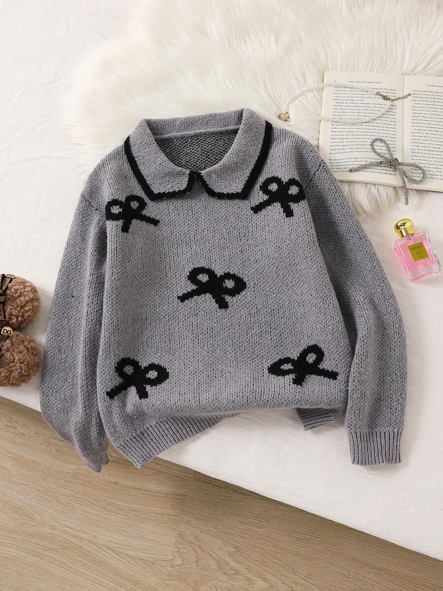 女童毛衣，新款秋冬彼得潘领蝴蝶结针织毛衣，黑色蝴蝶结针织营造甜美少女气息，秋冬可爱温柔风格蝴蝶结毛衣，儿童女童毛衣，女童蝴蝶结毛衣 - 彩色 - 查看 1