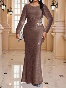 Fleurora 大码优雅派对宴会金银丝线棕色礼服 - 棕色 - 查看 4