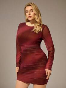 Auralis Vestido mini ajustado de manga larga con cuello redondo, estampado artístico de degradado y teñido anudado, adecuado para otoño/invierno, estilo Y2K Baddie, festival de música, tallas grandes - Multicolor - Ver 3