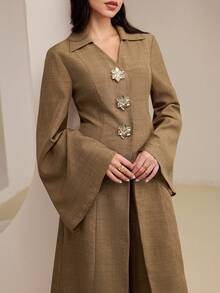 Veilorie Women's Metal Flower Single-Breasted Flare Sleeve Jacket And Wide-Leg Pants Elegant 2 Pieces Set - Brown - View 6