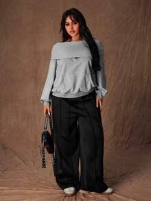 Rustia Plus Size Casual Loose Fit Slouchy Shoulder Pullover Sweatshirt, Early Autumn - Grey - View 6