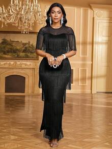 SHEIN Lady Women's Elegant Party Sequin Mesh Patchwork Tassel Fitted Dress,Dresses For Women Elegant,Dresses For Women Elegant,Black Dress Fringe Dress - Black - View 6