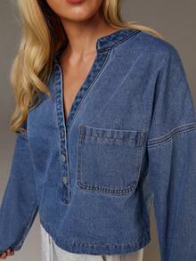 Athîral Denim Women's Casual Everyday Workwear Blue Denim Top With A Turn-Down Collar And Half-Button Design,Loose Fit, Flared Sleeves, Cropped Denim Top,Blue Denim Top With V-Neck Design,Casual For Women,New Year - Blue - View 6