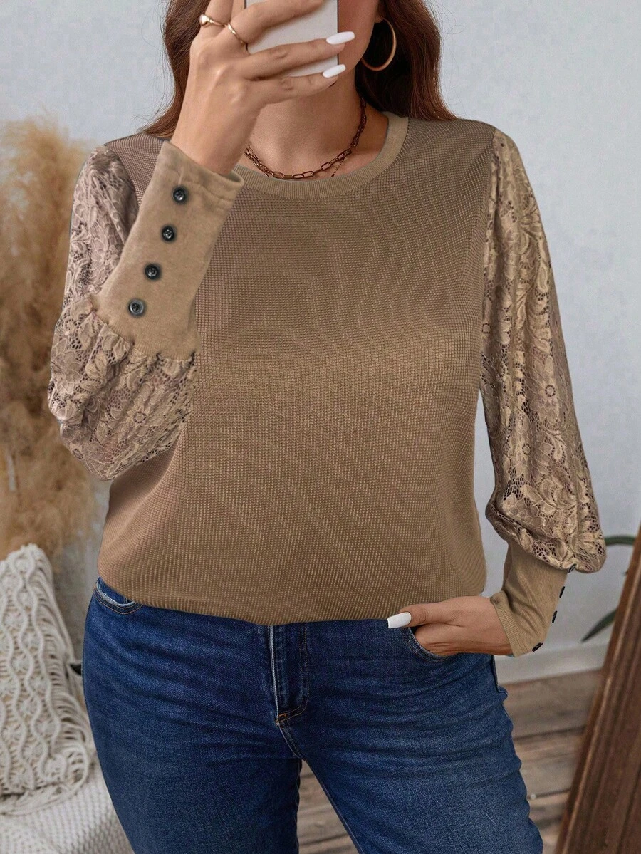 SHEIN LUNE 大码女装春秋季圆领撞色蕾丝长袖优雅衬衫,白色上衣,商务休闲派对亮片假日款 - 駝色 - 查看 1