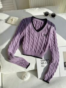 SHEIN 少女蝴蝶结刺绣V领长袖休闲毛衣，秋冬季 - 紫色 - 查看 3