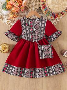 Vestido de manga corta de verano para niñas bebé con estilo de Oriente Medio + bolso a juego, conjunto versátil, de moda y cómodo - Rojo - Ver 3