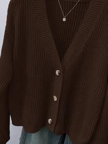 SHEIN Teen Girls' Solid V-Neck Cropped Casual Loose Drop Shoulder Long Sleeve Cardigan Sweater, Autumn - Brown - View 5