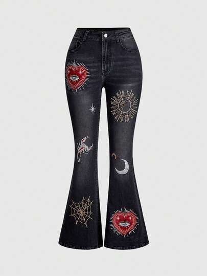 Hippie Jeans évasés pour femmes avec broderie rétro de cœur, œil, soleil, lune, étoile, papillon