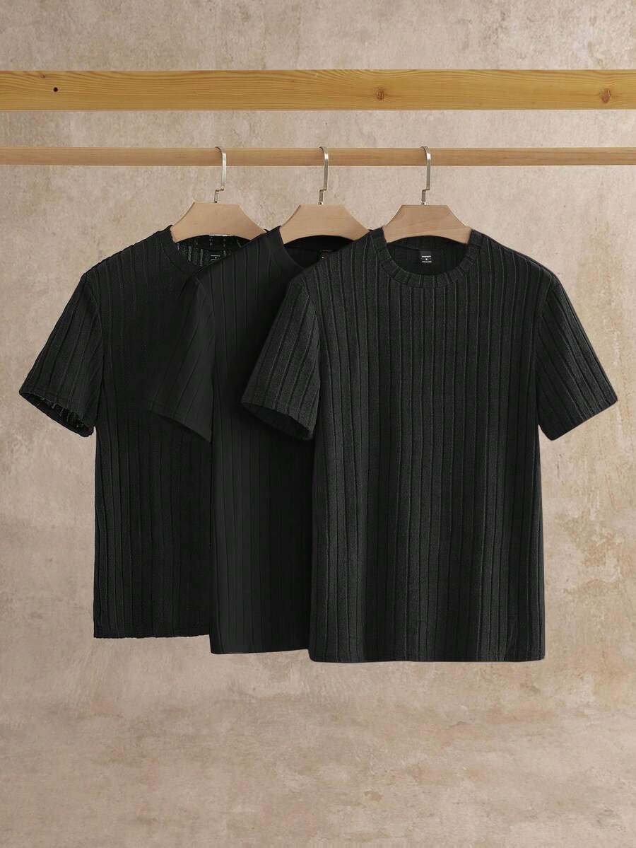 Manfinity VCAY Men's Black Summer Basic Casual Work Knitted Solid Color Ribbed Short Sleeve Turtleneck T-Shirt Pack,Cotton Knit Tops For Man - Black - View 1