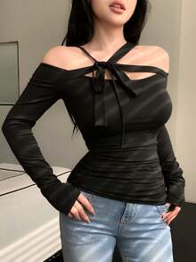 DAZY 女士露肩系带修身长袖休闲T恤 Y2k - 黑色 - 查看 3