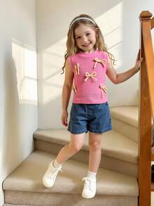 SHEIN 小女孩的钩针镂空内衣，搭配蓝色牛仔短裤和甜美的无袖紫红色蝴蝶结上衣，非常适合夏季户外度假。