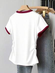 INAWLY Summer Contrast Collar Stylish Top, Casual Versatile Women T-Shirt, Daily Wear, Sweet Cherry Print Design, Outdoor, Date - Multicolor - View 2