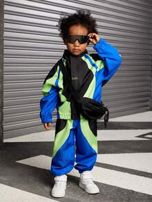 SHEIN Explorewe 2pcs Young Boy Casual Colorblock Jacket And Tapered Pants Set Chic Outfits For Autumn/Winter - Multicolor - View 4