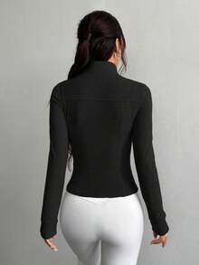 DAZY Women's Solid Color Zip-Up High Collar Fitted Jacket - Black - View 2