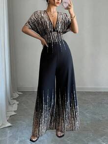 SHEIN Tall CURVE 大码女式条纹深V领蝙蝠袖性感连体裤 - 黑色 - 查看 4