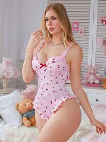 Ruffled Strap Romper With Cute Cherry Print For Women