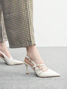 CUCCOO BIZCHIC 2.95in Heel Pointed Toe Slingback Pumps, Casual Closed Toe Slip-On Heels With Triple Buckle Decor, Beige Patent Leather, Suitable For Office, Commute, Party For Christmas