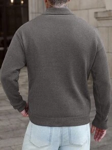 Manfinity Homme 男士四分之一拉链纯色简约日常长袖毛衣 - 灰色 - 查看 2