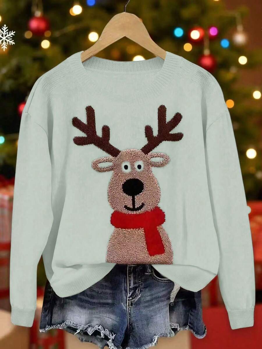 Resyla European & American New Christmas Vibe Jacquard 3D Deer Pattern Loose Fit Crew Neck Long Sleeve Pullover Sweater - Multicolor - View 1