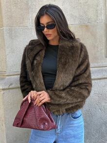 Aloruh Fluffy Thick & Warm Loose Fit Long Sleeve Outerwear For Womenwinter, Old Money, Casual, Brown, Faux Fur, Plush, Long Sleeve,Fall,Fall Clothes For Women,Women's Winter Clothes