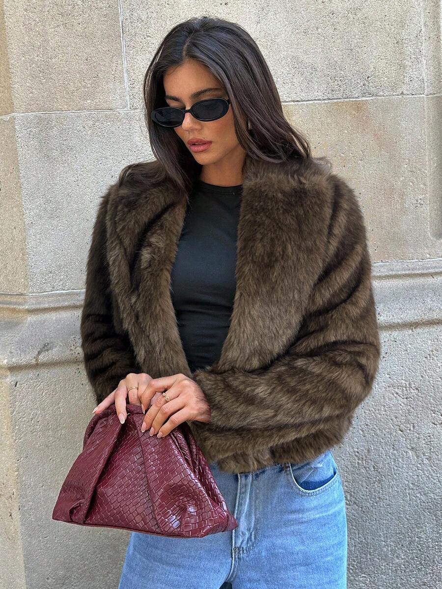 Aloruh Fluffy Thick & Warm Loose Fit Long Sleeve Outerwear For Womenwinter, Old Money, Casual, Brown, Faux Fur, Plush, Long Sleeve,Fall,Fall Clothes For Women,Women's Winter Clothes