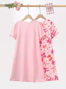 少女睡衣 - 两件套睡衣连衣裙，粉色蝴蝶结印花，短袖圆领，及膝长度，荷叶边下摆，轻薄透气，四季皆宜，2026 假日必备家居服，可爱俏皮，舒适易打理，送礼佳品，派对必备