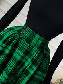 DreamSkyne 大码女士优雅格子喇叭裙，圣诞节 - 墨綠色 - 查看 6