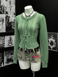 SHEIN Unity Short Knitted Cardigan, Spring And Autumn Sexy Ladies Sweater Jacket - Green - View 4
