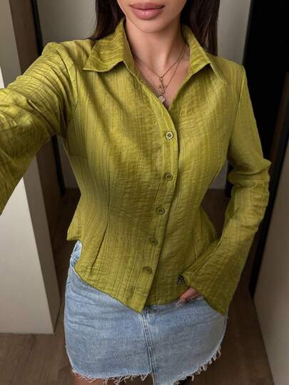 Jeanoix Camisa elegante de unicolor con cintura ceñida y mangas acampanadas, otoño