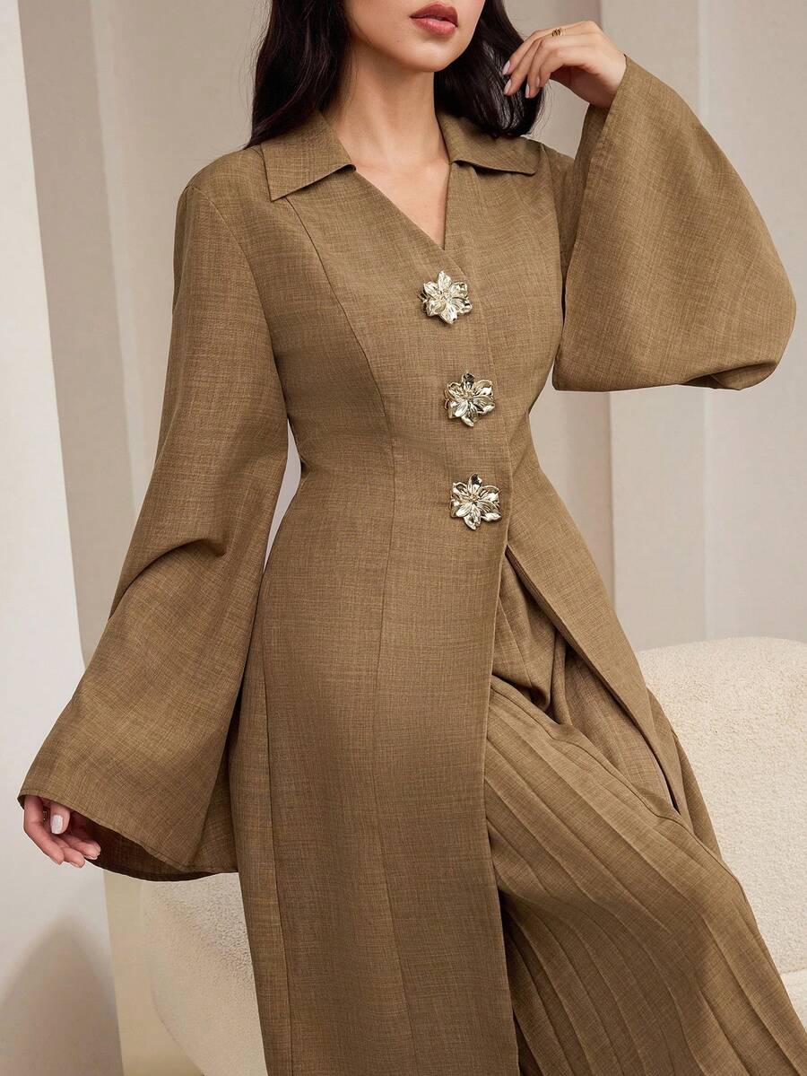 Veilorie Women's Metal Flower Single-Breasted Flare Sleeve Jacket And Wide-Leg Pants Elegant 2 Pieces Set - Brown - View 1