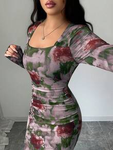 Elenzga Women's New Elegant Luxurious Party Dress, Gradient Floral Print, Square Neck, Ruched, Fitted, High Slit, Long Sleeve, Semi-Sheer, Suitable For Halloween, Christmas, Thanksgiving, New Year, Graduation Season, Grey Floral - Multicolor - View 7