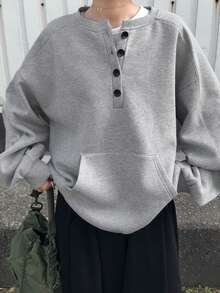 FRIFUL Women's Grey Casual Oversized Sweatshirt,Autumn Round Neck Half-Zip Button Decor Drop Shoulder Thermal Lined Loose Kangaroo Pocket Versatile Occasion - Grey - View 7