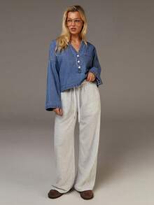 Athîral Denim Women's Casual Everyday Workwear Blue Denim Top With A Turn-Down Collar And Half-Button Design,Loose Fit, Flared Sleeves, Cropped Denim Top,Blue Denim Top With V-Neck Design,Casual For Women,New Year - Blue - View 3