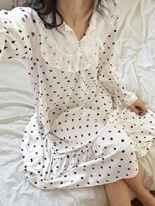 DAZY Sweet Lace Patchwork Heart Print Ruffle Hem Loose Long Nightgown For Women - Beige - View 3