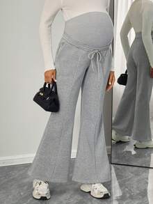 Momance Casual Solid Color Drawstring Waist Decor Belly Support Flare Maternity Sweatpants - Grey - View 1