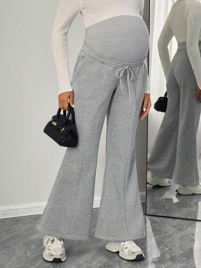 Momance 休闲纯色抽绳腰部装饰托腹喇叭孕妇运动裤