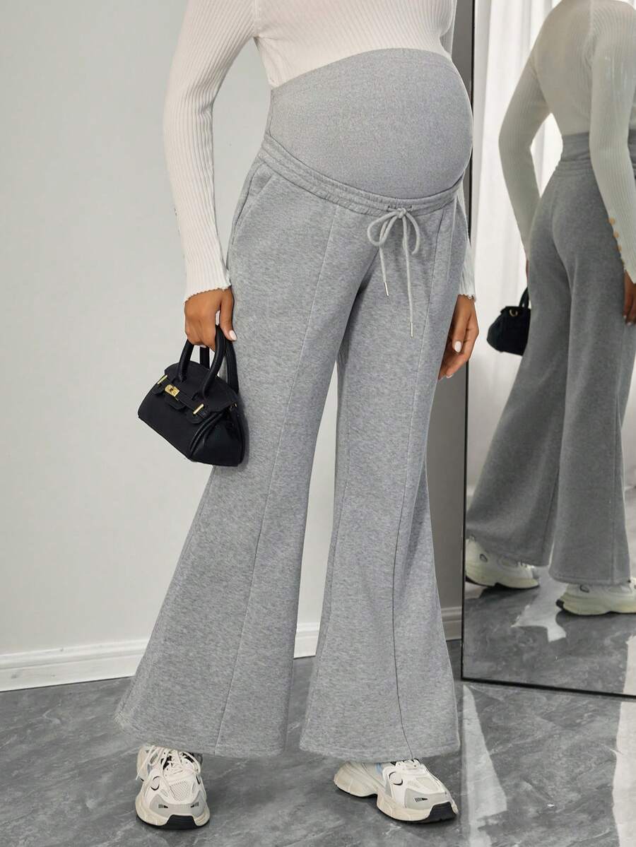 Momance Casual Solid Color Drawstring Waist Decor Belly Support Flare Maternity Sweatpants - Grey - View 1