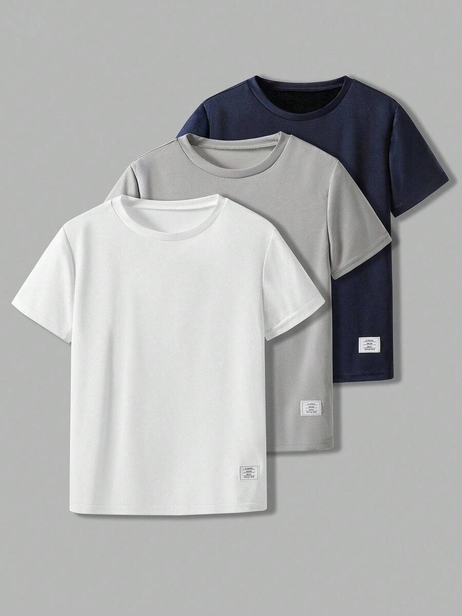 SHEIN Vacaura 3pcs/Set Boys' Crew Neck Short Sleeve T-Shirts With Decorative Patches, Spring/Summer - Multicolor - View 1