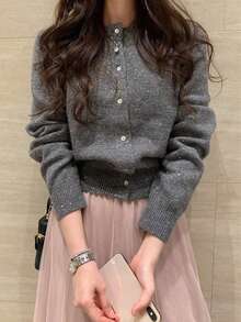 DAZY 女士亮片装饰休闲开衫毛衣 - 灰色 - 查看 1