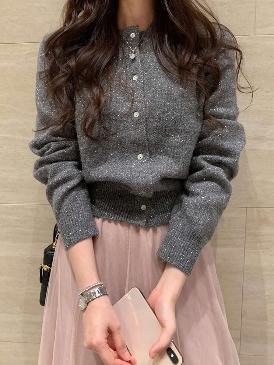 DAZY 女士亮片装饰休闲开衫毛衣 - 灰色 - 查看 1